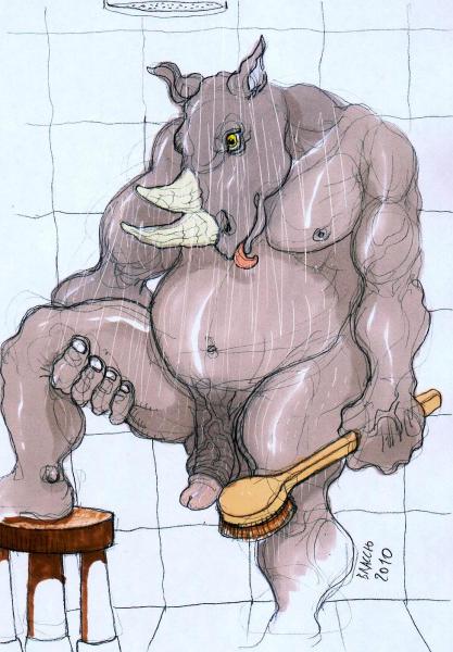 Ychan - r - rhynos - rhino man under the shower - by braccio